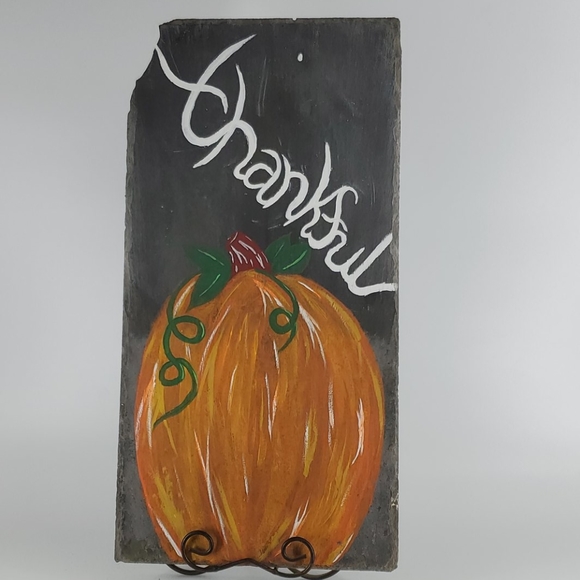 HAND PAINTED Pumpkin "Thankful" Design on Slate - Picture 1 of 10